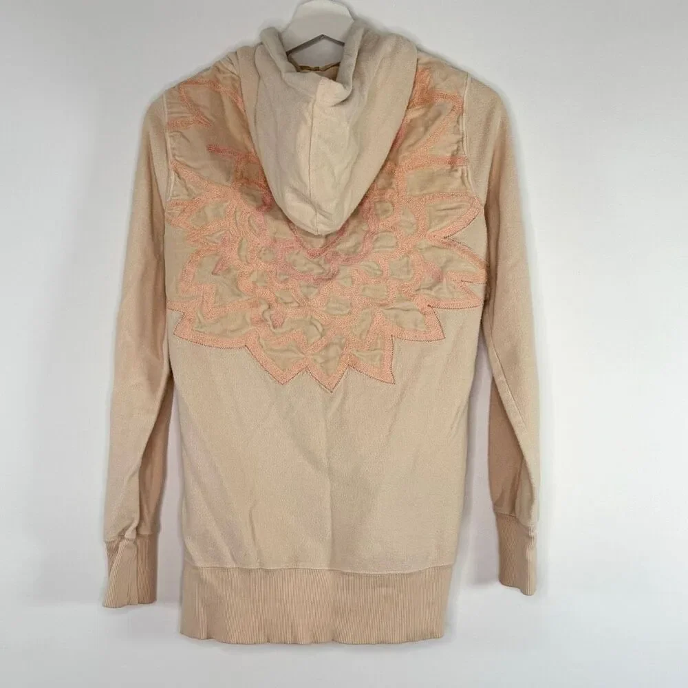 Free People Peach Floral Embroidered Pull-Over Hoodie Velvet Accents Medium Weig